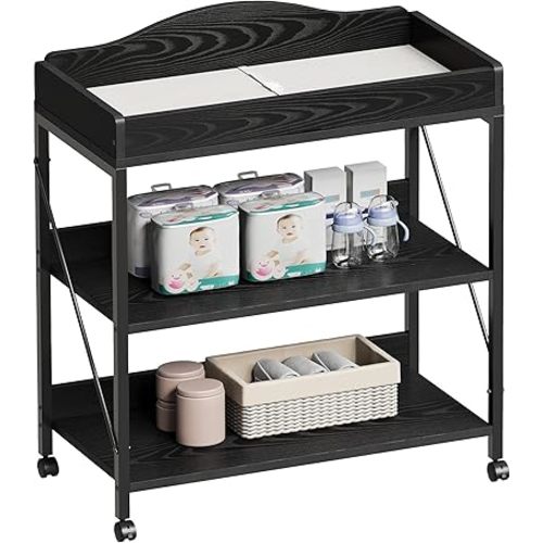 Yetom Baby Changing Table, Diaper Changing Station with Pad and Wheels, Two-Tier Open Storage Shelves, Waterproof Diaper pad & Safety Strap,Compact Baby Furniture for Nursery, Black