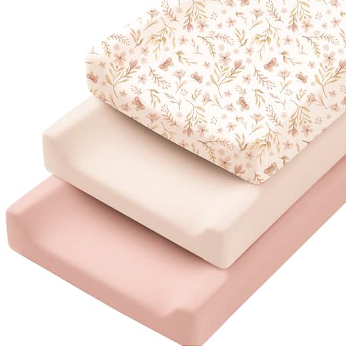 Konssy 3 Pack Stretchy Changing Pad Covers, 32"x16" Changing Table Sheets | Silky Soft & Breathable Fabric, 360 Full Elastic Fit, Floral Printed & Solid Designs, for Baby Girls & Boys (Pink Spring)