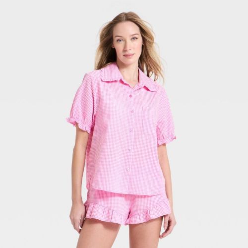 Women's Mommy & Me Ruffle Short Sleeve Notch Collar Shirt and Shorts Pajama Set - Auden™ Pink M
