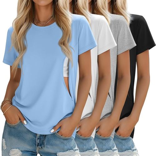 4 Pack Women's Nursing Breastfeeding Shirts with Zipper Loose Fit Short Sleeve Maternity Top Nursing Clothes