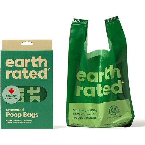 Earth Rated Dog Poop Bags with Easy-to-Tie Handles, Extra Wide Opening, Dispensing Box, Guaranteed Leakproof, Unscented, 120 Handle Bags