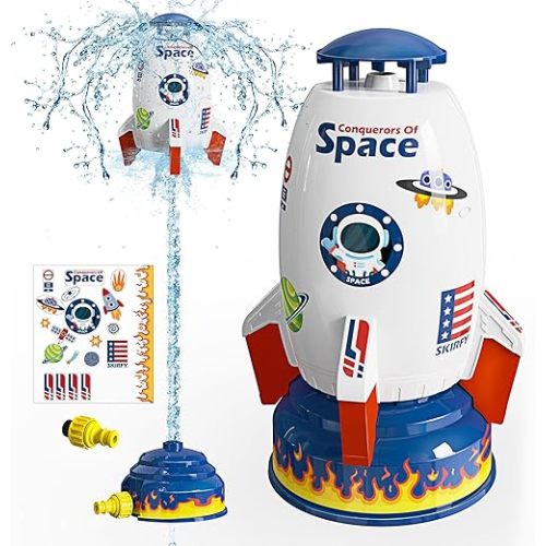 Skirfy Sprinkler Rocket Launcher Outdoor Water Toys for Kids, Rocket Design Water Powered Liftoff 9-16ft & Spin, Summer Garden Lawn Toys & Birthday Gift for Girls Boys Age 3-12 Year Old (White)