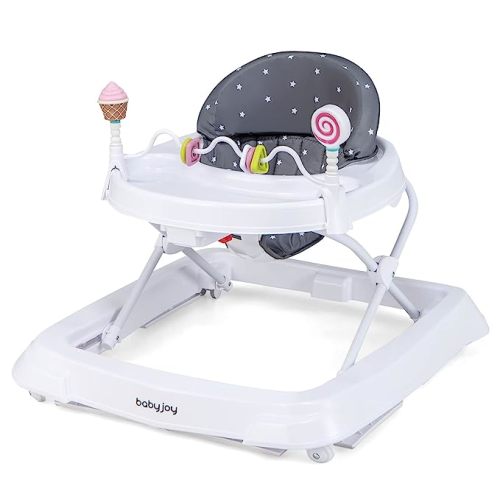 BABY JOY Baby Walker, Foldable Activity Walker with Adjustable Height, Large Tray & Removable Toys, Baby Walker with Wheels for Boys Girls 6-18 Months (Gray, Star Pattern)