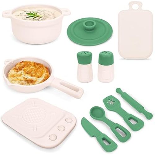 TYRY.HU Play Kitchen Accessories, 11Pcs BPA Free Silicone Pretend Play Food Sets,Play Kitchen Set,Play Kitchen Cooking Utensils Pots & Pans,Pretend Role Play Cooking Toys Gifts for Toddlers 1-3,Green