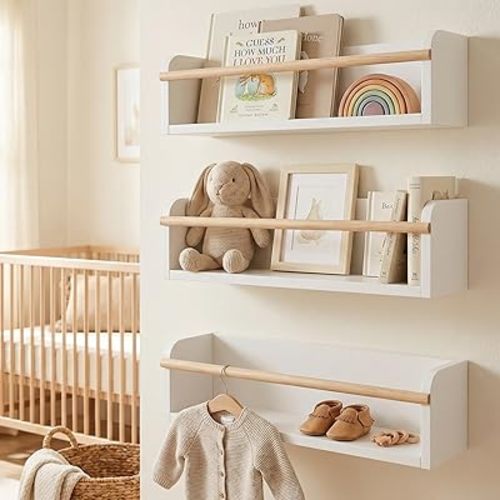 Decorative Nursery Bookshelves for Kids - Set of 3 Easy to Install Floating Shelves for Wall Mount - Beautiful Hanging Organizer Furniture for Your Baby Boy or Girl's Bedroom and Play Room Decor
