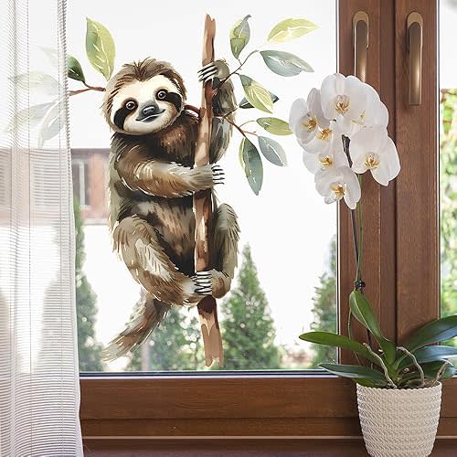 Removable Tree Branch Sloth Wall Decals Watercolor Cute Sloth Wall Sticker Peel and Stick Animal Wall Decor Art Mural for Kids Room Playroom Nursery Window Door Decorations