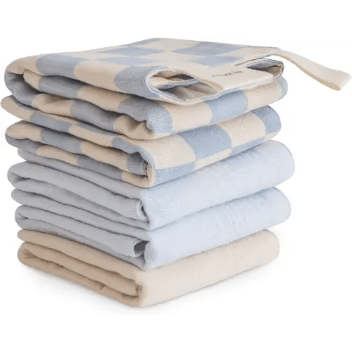 mushie Muslin Organic Cotton Washcloths 5-Pack (Blue Check Combo) | Soft Wipes for Baby Cleanups and Bathing
