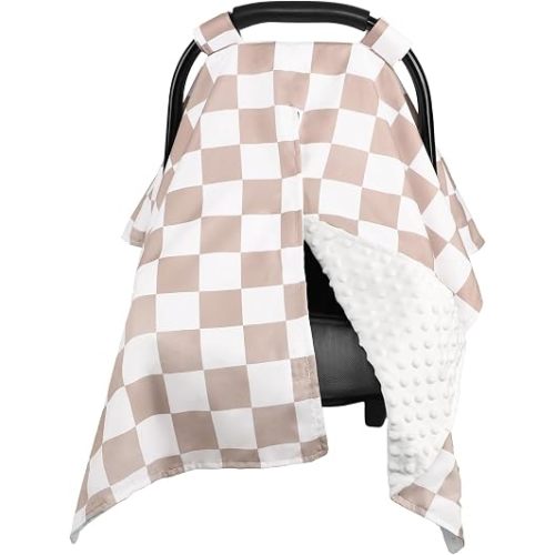 DILIMI Baby Car Seat Cover, Minky Warm Car Seat Covers for Babies, Peekaboo Opening Infant Car Seat Cover, Nursing Cover Carseat Canopy, Coffee Checkered
