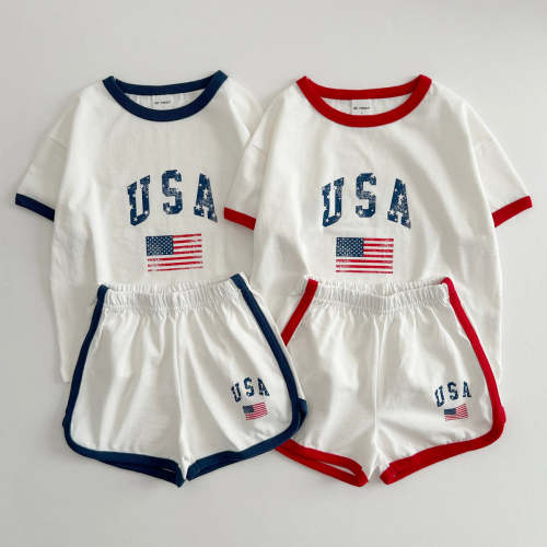 [At Noon Original Design] Kids Vintage Print USA T-Shirt and Shorts Set (8m-7y) - 2 Colors