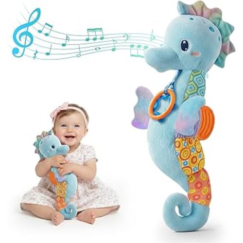 Baby Toys 0-6 Months,Infant Musical Seahorse Stuffed Animals Sensory Toys with Bright Colors,Multiple Textures,Rattles & Crinkle Sound Paper,Soft Tummy Time Toy for Newborn Boys Girls 0-12 Months-Blue
