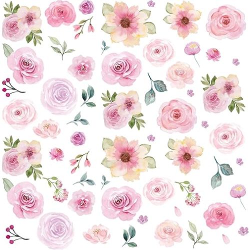 AOWDIAO 60 Pcs Flower Peel and Stick Wall Decals Watercolor Vinyl Peony Floral and Leaves Wall Stickers Pastel Flower Decor for Girls Bedroom Nursery Classroom Living Room