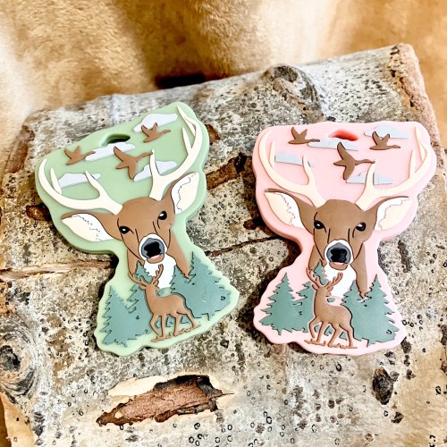 Buck Deer Green or Pink Silicone Teether / Hunting Baby / Forest Animals / Food Grade Silicone