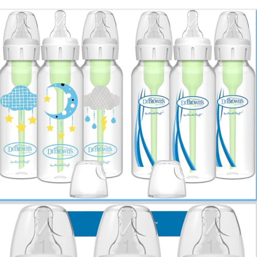 Dr. Brown’s Natural Flow® Anti-Colic Options+™ Narrow Baby Bottles 8 oz/250 mL, with Level 1 Slow Flow Nipple, 6 Pack, 0m+ Moon/Clouds Gift Set