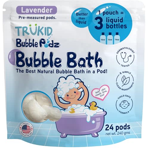TruKid Bubble Podz Bubble Bath for Kids, Toddlers, & Babies, Tear Free Gentle & Refreshing Bath Bomb for Sensitive Skin with Natural Moisturizers, Non-Toxic, pH Balanced, Lavender Scent (24 Podz)