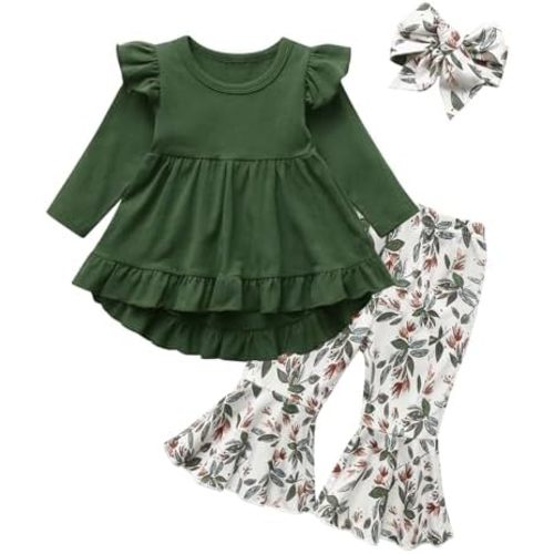 Toddler Baby Girl Clothes Fall Outfits Long Sleeve Top Solid Color Shirt + Flared Pants + Headband 3pcs Outfit Set