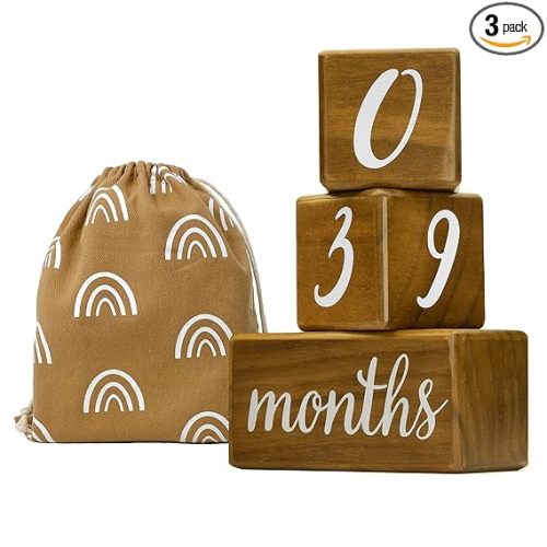 Pondering Pine Baby Milestone Blocks - Natural Pine Wood with Weeks Months Years Grade - Milestones Age Block Set with Boho Rainbow Bag, Newborn Weekly Monthly First Year Picture Props, Earth Friendly