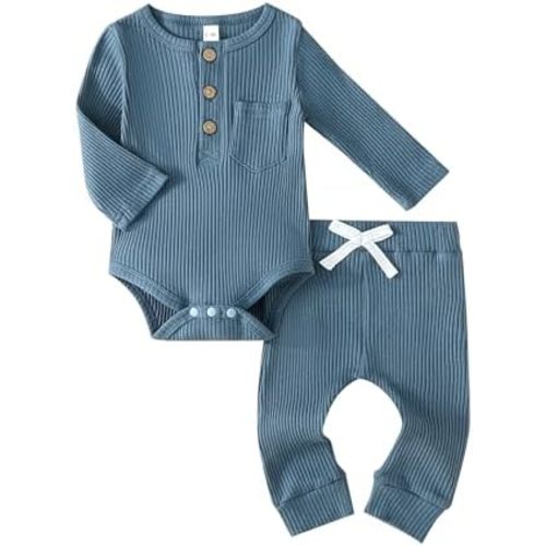 Newborn Baby Boy Clothes Toddler Ribbed Knit Cotton Long Sleeve Romper Long Pant Preemie Solid Color Outfits