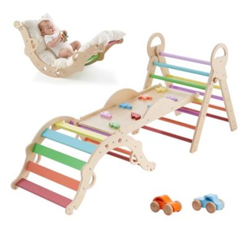Pikler Triangle Set 9-in-1 Toddler Climbing Toys Indoor with 2 Wooden Cars Arch Ramp and Cushion, Foldable Wooden Climbing Gym, Rainbow