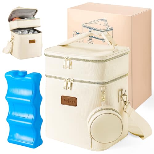 Breastmilk Cooler Bag with Ice Pack & Pacifier Case, Large Double Layer Insulated Baby Bottle Cooler Fits 6 Bottles, Breast Pump Storage Bag for Working Nursing Moms, with Gift Box