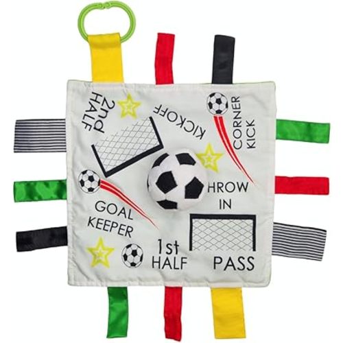 Baby Jack & Co 10x10” Soccer Sports Lovey Sensory Plush Blanket - Tag Toy for Babies - Baby Stroller Toys - Learn Shapes, Letters & Colors - MVP Ball Toy & Sports Gift w/Stroller Clip World Cup