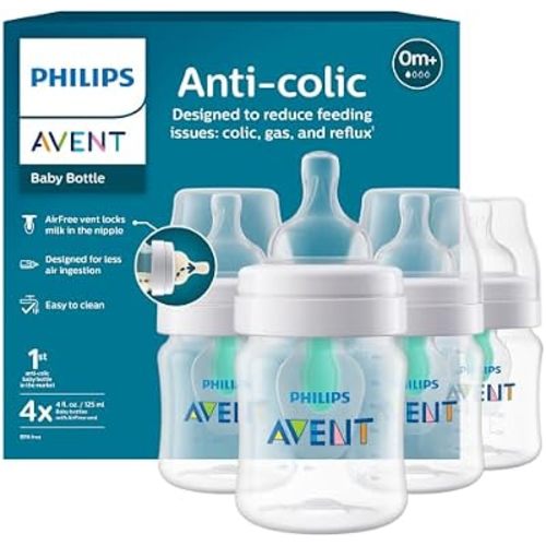Philips Avent Anti-Colic Baby Bottle with AirFree Vent, Slow Flow, 4 oz
