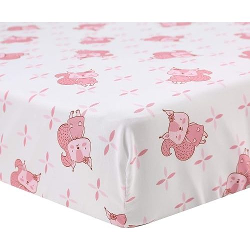 Pink Squirrel Crib Fitted Sheet Baby Girls Animal Crib Fitted Sheet Toddler Girls Fitted Sheet (Pink 1)
