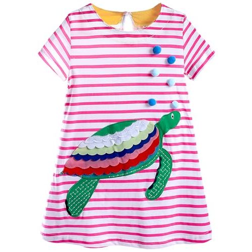 FreeLu Girls Cartoon Appliques Dress Cotton Summer Short Sleeve Dresses Casual Jersey Skirt