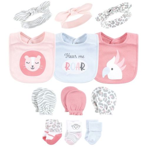 Hudson Baby Infant Girl Caps or Headbands, Bibs, Mittens and Socks 12pc Set, Safari, 0-6 Months