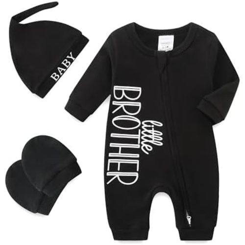 Babymine Baby Boy Clothes Little Brother Newborn Outfit 0-3 Months Coming Home Romper with Mittens and Hat