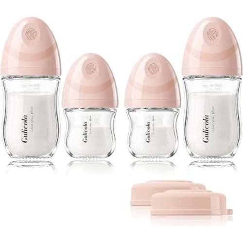 Gulicola Natural Glass Baby Bottles Set 4 Pack, Newborn Girl Breastfeeding Bottles with Slow Flow Nipples, 0 Months+, 3 oz & 5 oz - Pink