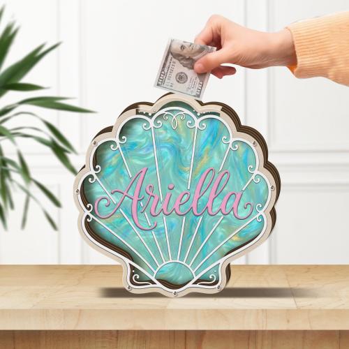 Personalized Wooden Piggy Bank: Custom Name Shell, Iridescent Mermaid Nursery Decor