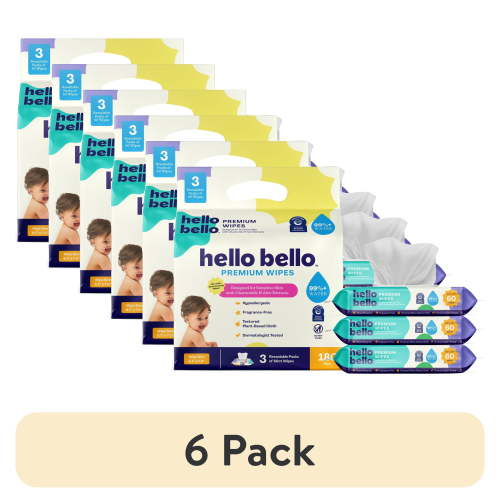 (6 pack) Hello Bello Premium Fragrance-Free Baby Wipes, 3 Flip-Top Pouches (180 Total Wipes)