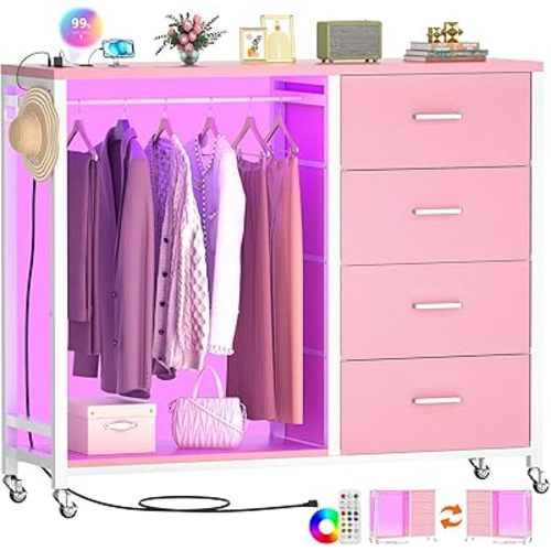 Cyclysio Dresser with Hanging Rack, 4 Fabric Drawers Dresser with Clothes Rack, Wooden Top Storage Chest of Drawers with Charging Station & LED Lights, Lockable Wheels, Closet
