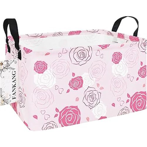 Storage Bins, Nursery Hamper Canvas Laundry Basket Foldable with Waterproof PE Coating Large Storage Baskets for Kids Boys and Girls, Office, Bedroom, Clothes,Toys(Rec-Pink roses )