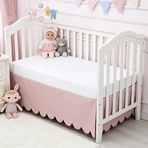 Shunjie.Home Scallop Edge Crib Skirt Pink, 100% Egyptian Cotton 400 Thread Count Crib Skirt Dust Ruffle,Double Layer,Durable,Smooth Toddler Bedding Skirt for Baby Girls or Boys, 52"X 28" with 14"