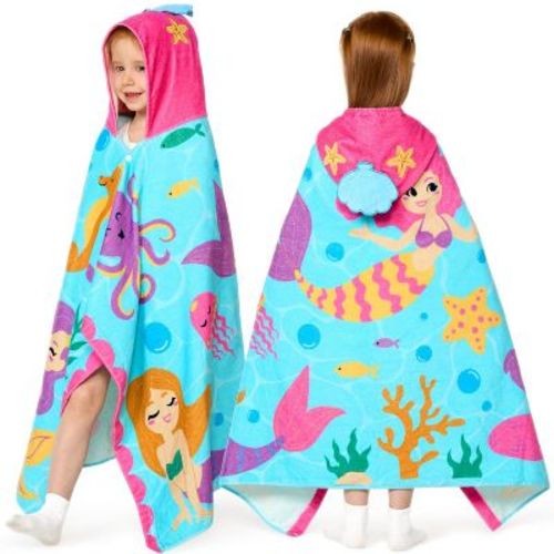 Joyfy Mermaid-Themed Hooded Bath Towels for Kids - 30" x 50" Soft 100% Cotton Beach Towel for Girls Aged 3-10, Beach Pulover, Swim Towel and Bath Wrap