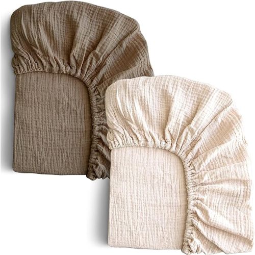 COSMOPLUS-Muslin-Crib-Sheets-for-Girls-Boys-Neutral-Baby,2 Pack Boho Crib Matress Sheet,Fitted Crib Sheet for Standard Crib Mattress & Toddler Bed Mattress,Organic Cotton,Ivory & Iced Coffee
