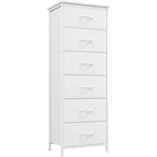 Somdot Tall Dresser for Bedroom with 6 Drawers, Storage Organizer Chest of Drawers with Removable Fabric Bins for Closet Bedside Living Room Laundry Entryway Hallway, White Leather