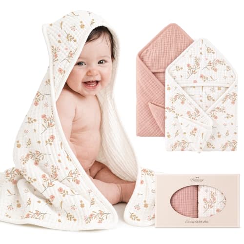 Konssy 2-Pack 100% Muslin Cotton Hooded Baby Bath Towels for Boys and Girls | 32 x 32 In, Ultra-Soft & Absorbent, Bath Towels With Hooded for Infants Newborns Toddlers, Machine Washable (Pink, Floral)