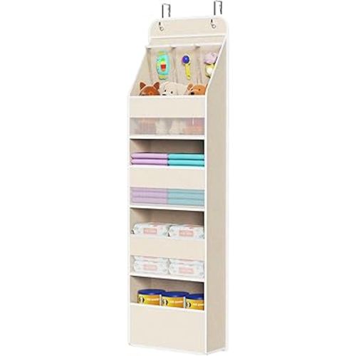 Univivi 5-Shelf Over Door Hanging Organizer Fabric Door Storage with 4 Large Pockets and 3 Small PVC Pockets Wall Mount Hanging Storage Organizers for Baby Nursery (Beige Pattern)