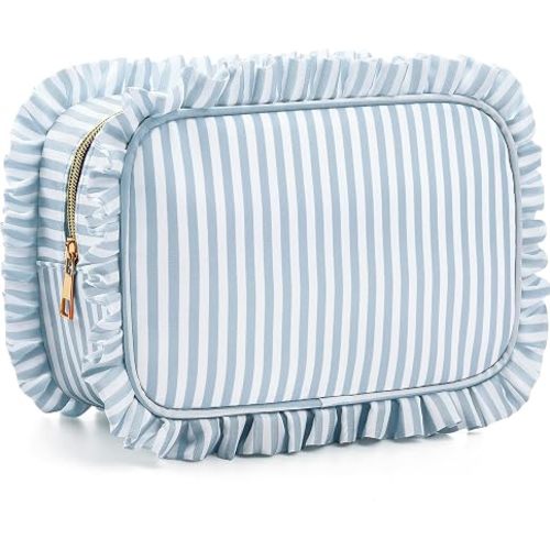 Kigeli Ruffle Makeup Bag Preppy Makeup Pouch Large Travel Cosmetic Bag Nylon Waterproof Toiletry Make up Organizer for Women(Striped,Dusty Blue)