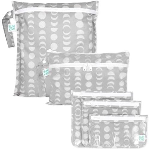 Bumkins - Waterproof Wet Bag, Wet/Dry Clutch & Clear Travel Bags - For Beach, Baby, Travel, Cloth Diapers, Pump Parts, Pool, Gym, Toiletries - Reusable & Easy to Clean - Lunar Gray - 5 Pack