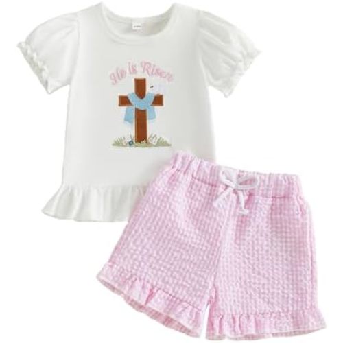 Toddler Baby Girl Easter Outfit He Is Risen Cross Embroidery Short Sleeve T-Shirt Plaid Shorts Set Christian Clothes
