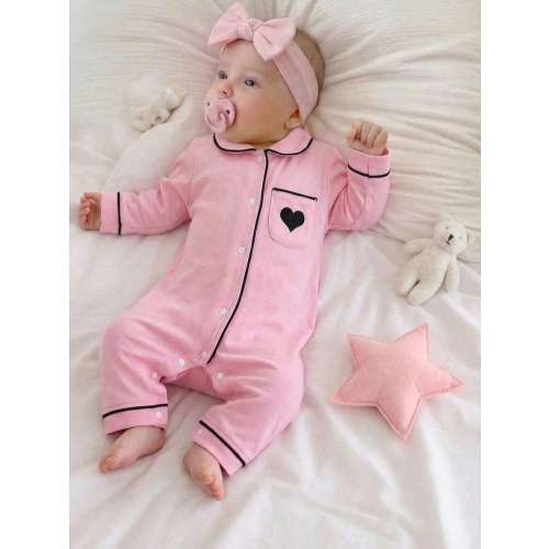 Newborn Footed Pajamas, Elegant Embroidered Heart Pattern, Front-Open One-Piece Soft Solid Color, Skin-Friendly & Comfortable | SHEIN USA