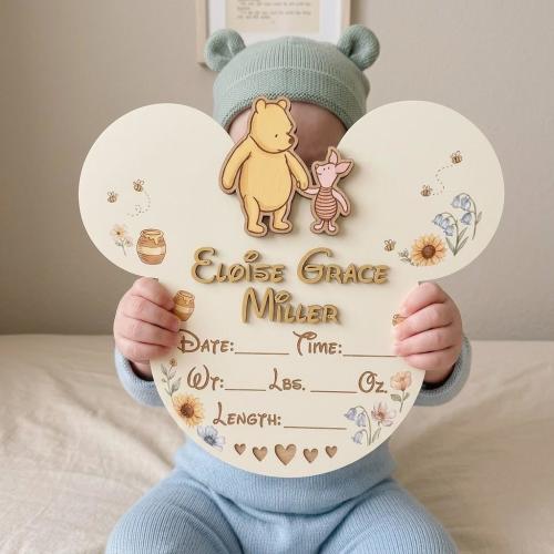 Custom Winnie the Pooh Birth Announcement Sign, Wooden Newborn Stats Board, Personalized Pooh Nursery Decor, Disney Baby Gift