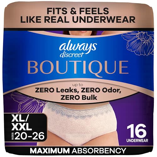 Always Discreet Boutique Black, Reimagined Adult Diapers for Women, Maximum Absorbency Incontinence and Postpartum Underwear Size XL/XXL, Fits and Feels Like Real Underwear, 16 Count​