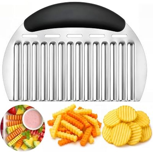 JAYVAR Large Crinkle Cutter French Fry Cutter, Large Crinkle Potato Slicer Wavy Chopper, Stainless Steel Wavy Slicer Crinkle Cutting Chopping Tools with Handle for Carrot Vegetable