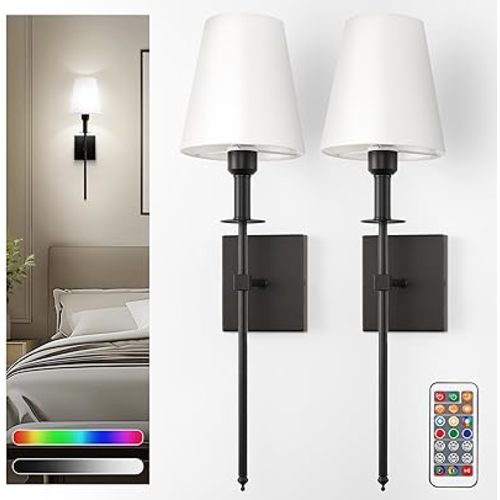 DORESshop Battery Operated Wall Sconce Set of 2, Black Rechargeable Wall Lights Remote, Sconce Wall Decor Set of 2, 7 Colors Wireless Sconces for Bedroom Living Room Hallway
