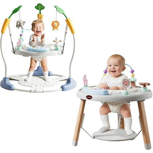 CuddoBaby Baby Jumper 4-Stage Convertible| Montessori -Inspired 8 Interactive Toys| Tummy Time Playmat, Bouncer, Exersaucer, Toddler Table| Music & Lights | 3-6, 6-12, 12-18, 12-24 Months - Gray