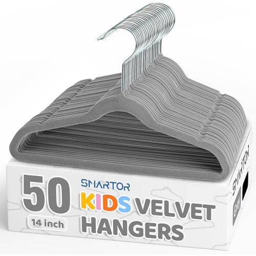 Smartor Premium 14 Inch Kids Hangers 50 Pack, Grey Baby Velvet Hanger, Non Slip, Space Saving Felt Hangers Clothes Organizers for Closet with 360° Swivel Hook for Children, Toddler & Teens